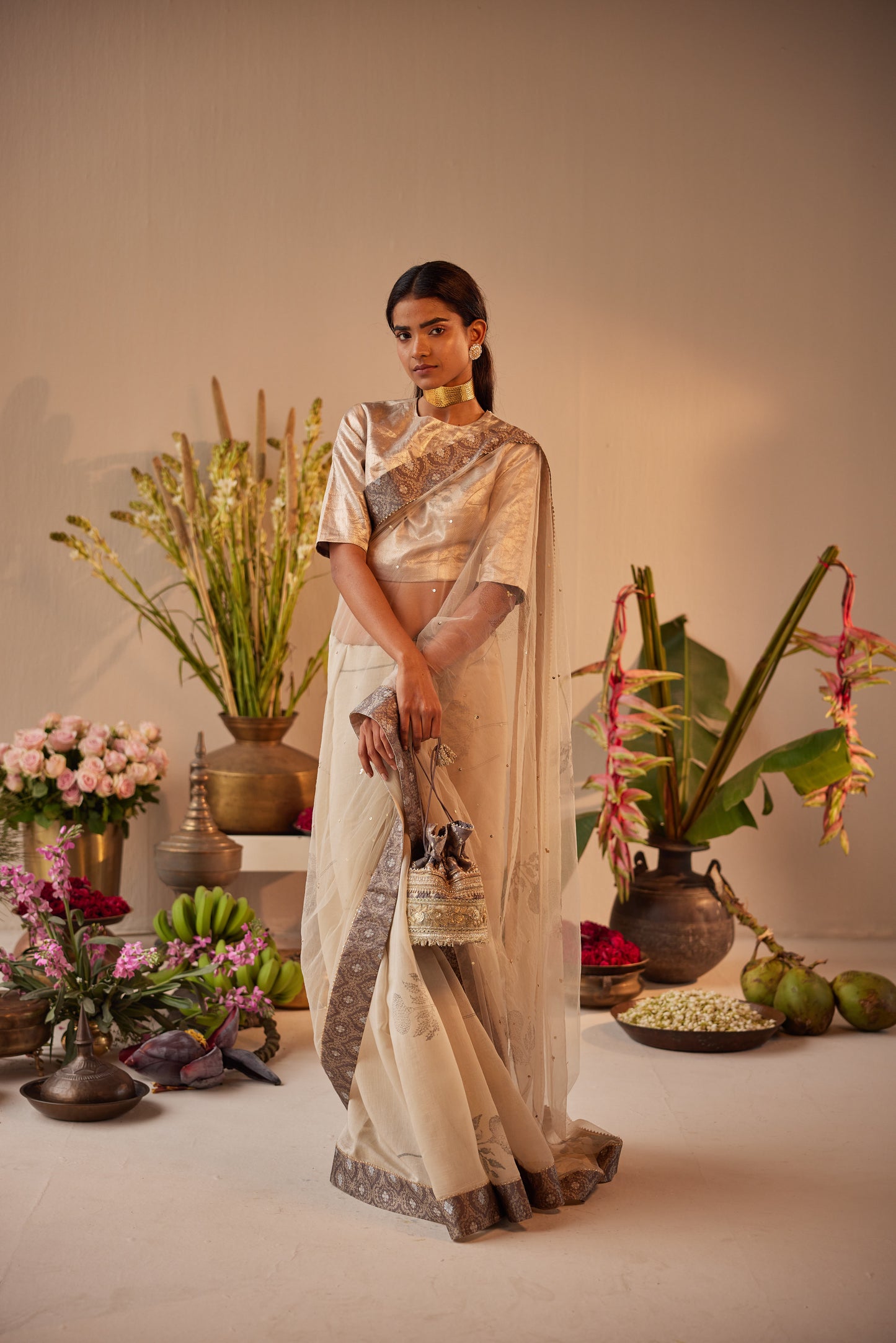Shazia Saree in Ivory Net & Chanderi & Brocade Border