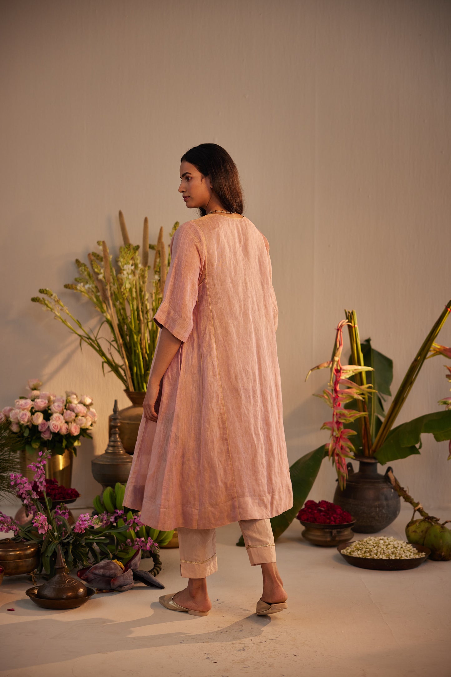 Choga Kurta in Pink Linen Tissue with Pant