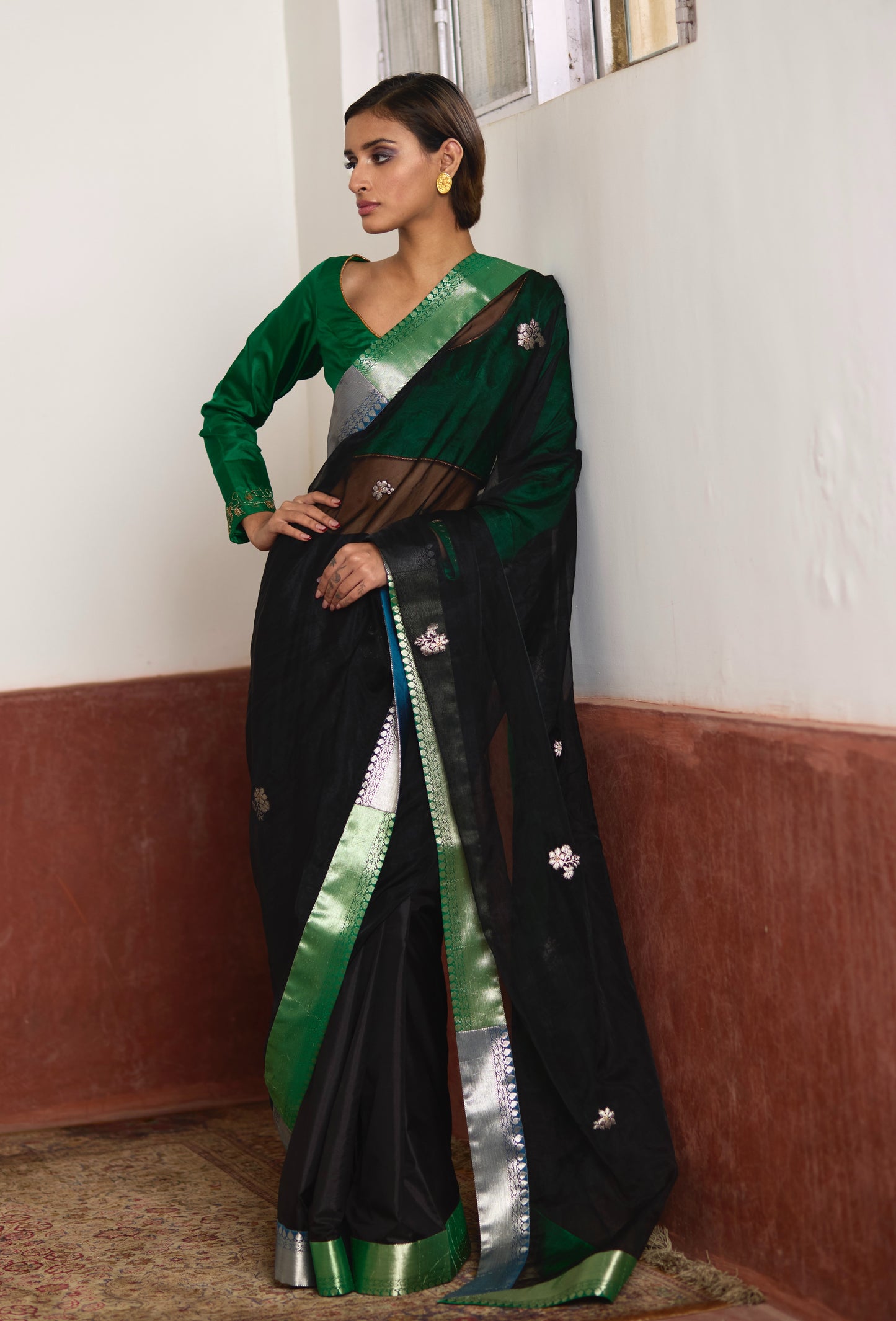 Saree in Black Silk Organza with Brocade Border