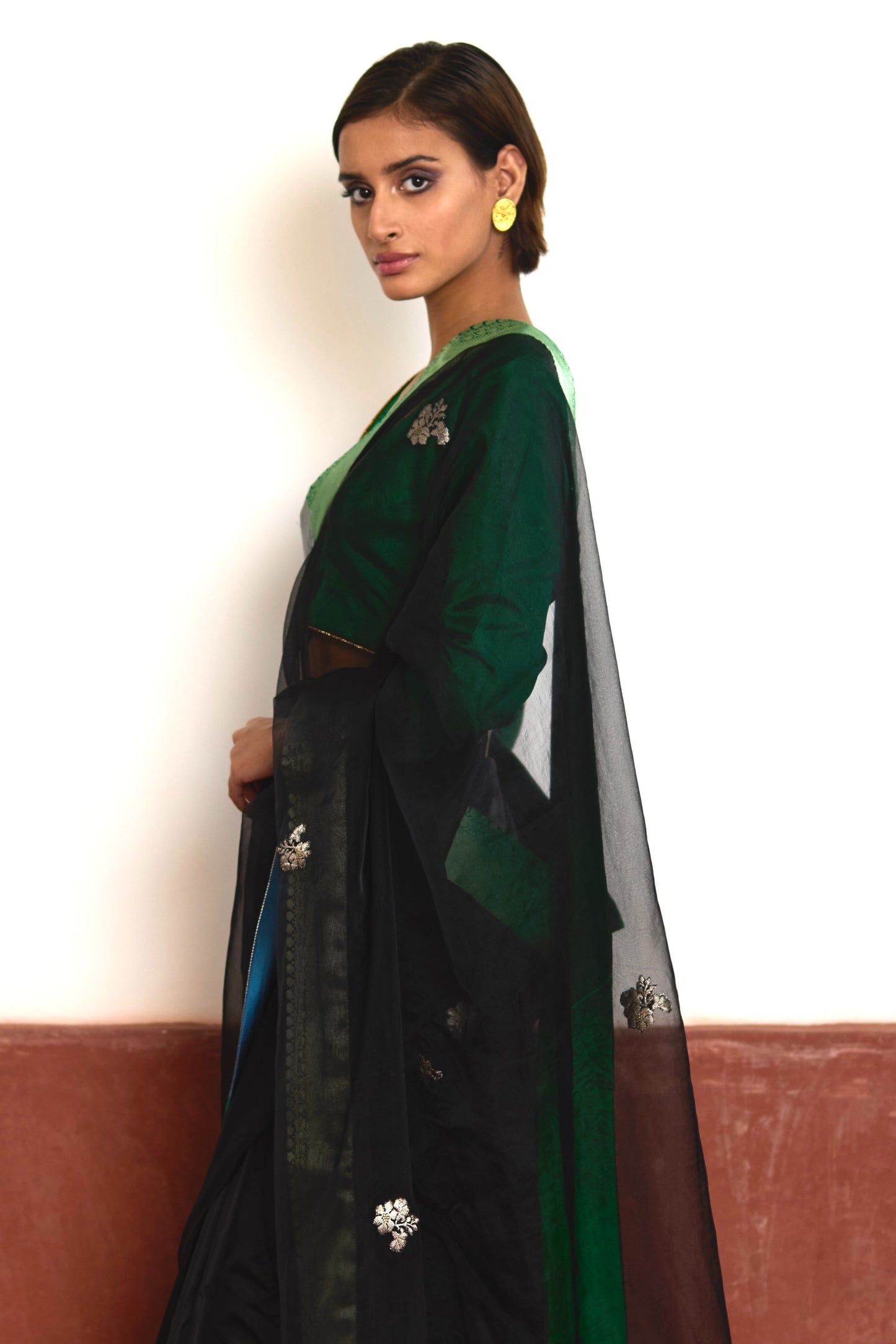 Saree in Black Silk Organza with Brocade Border