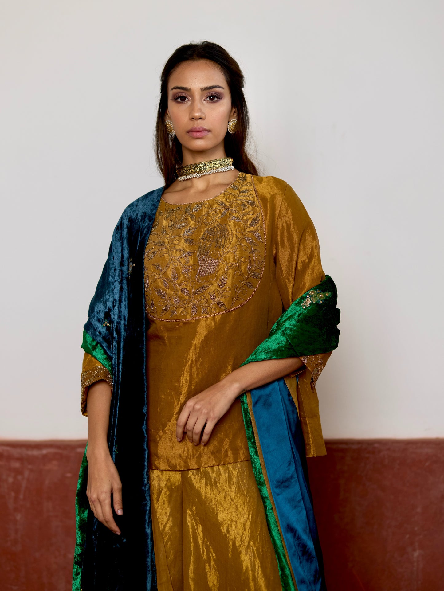Half & Half Velvet Dupatta in Teal and Green