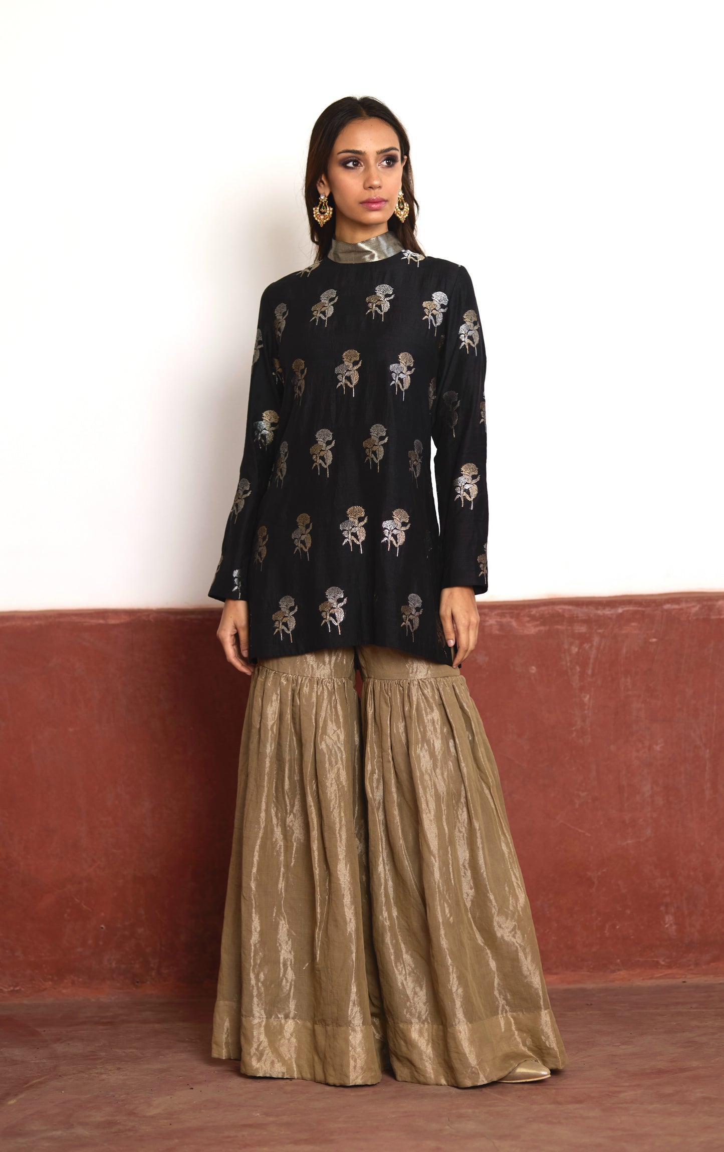 Polo Neck Short Kurta in Black Brocade with Champagne Grey Tissue Sharara