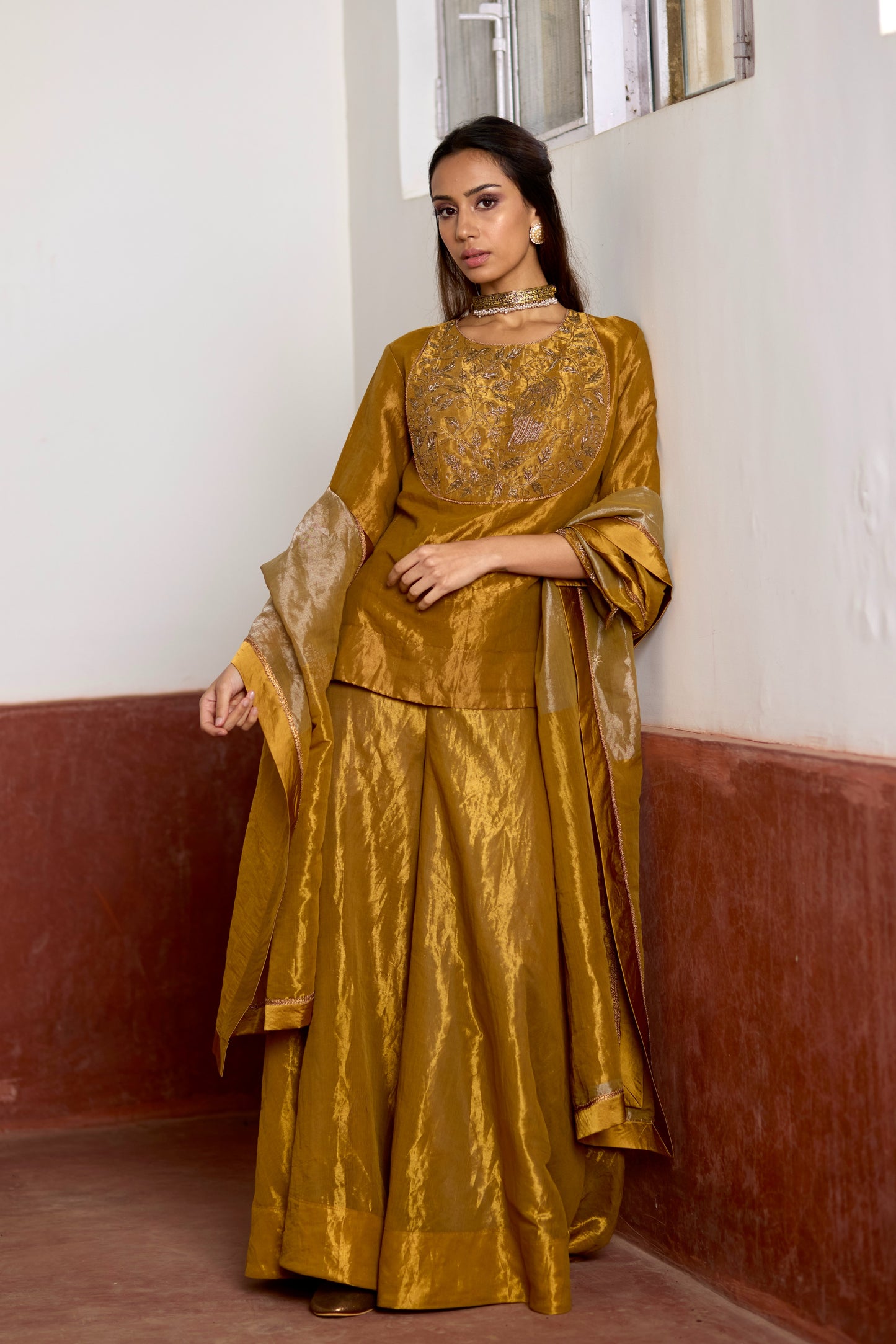 Half & Half Gold Tissue Dupatta with Block Print