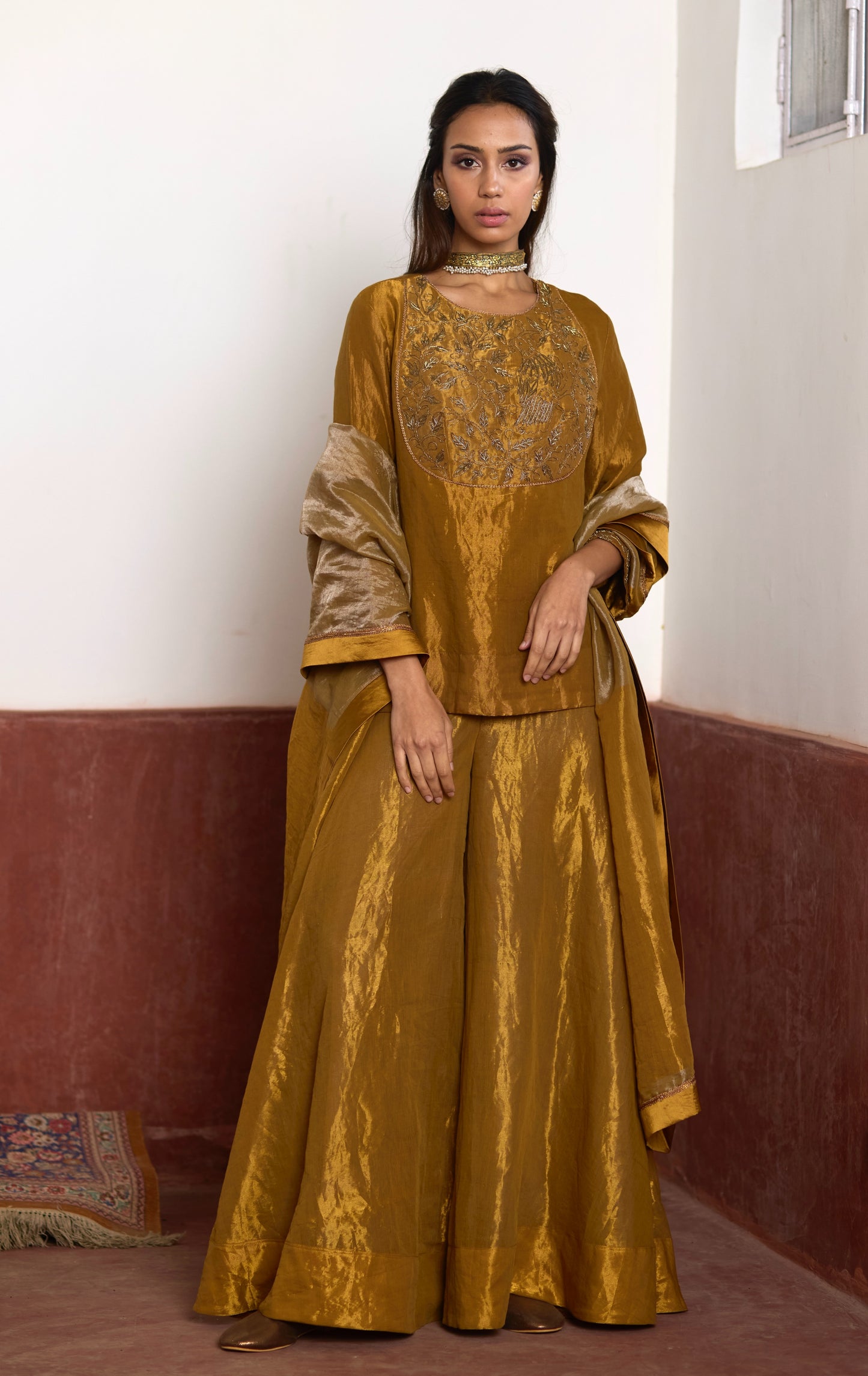 Half & Half Gold Tissue Dupatta with Block Print