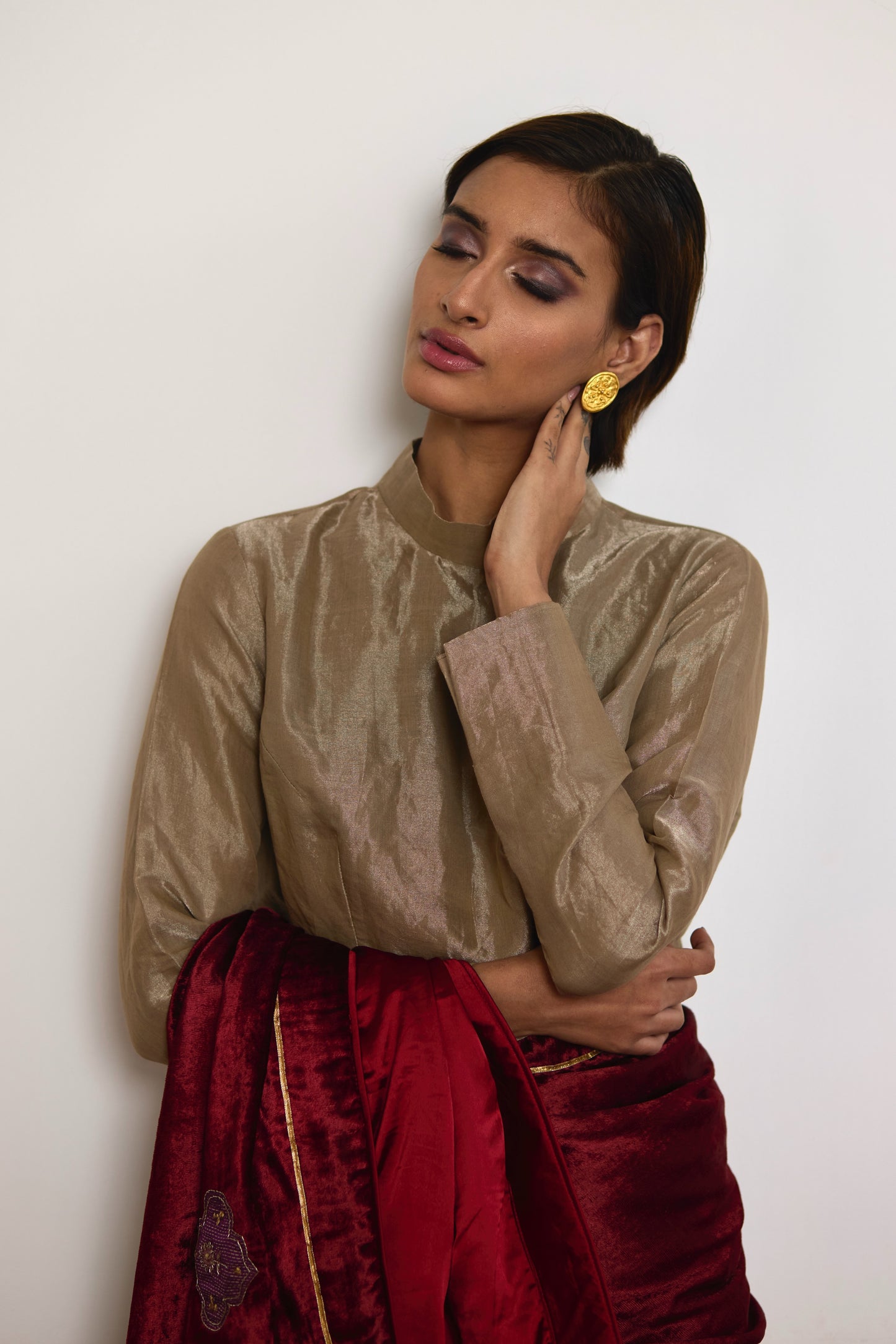 Saree in Red Velvet and Tissue