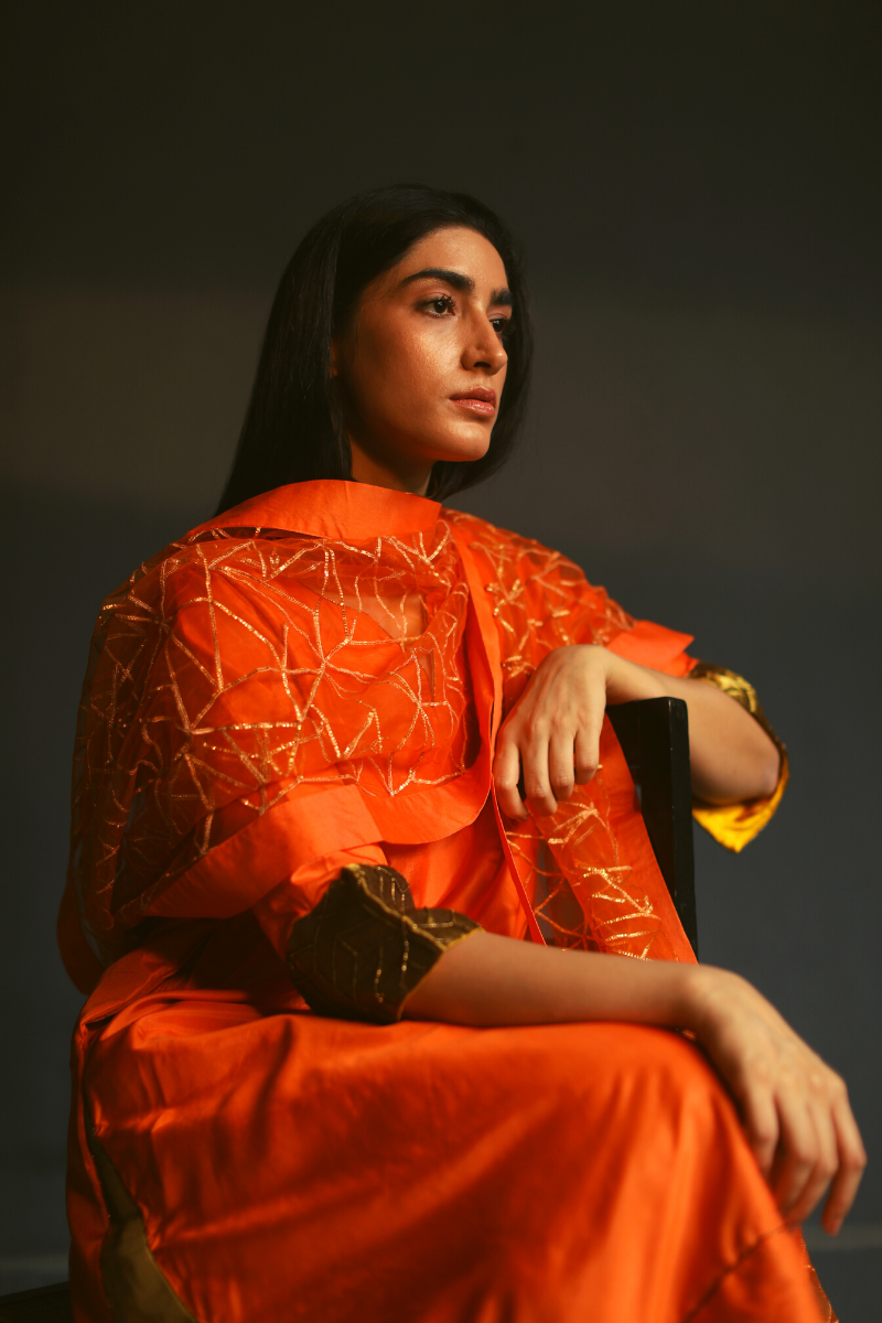 Stole In Jalebi Orange With Deco Design Gota Work