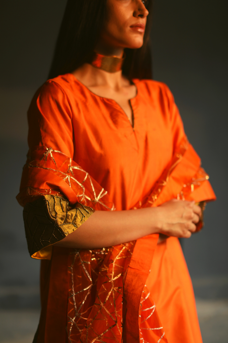 Stole In Jalebi Orange With Deco Design Gota Work