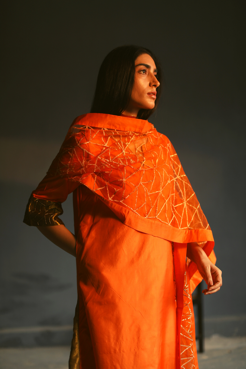 Stole In Jalebi Orange With Deco Design Gota Work