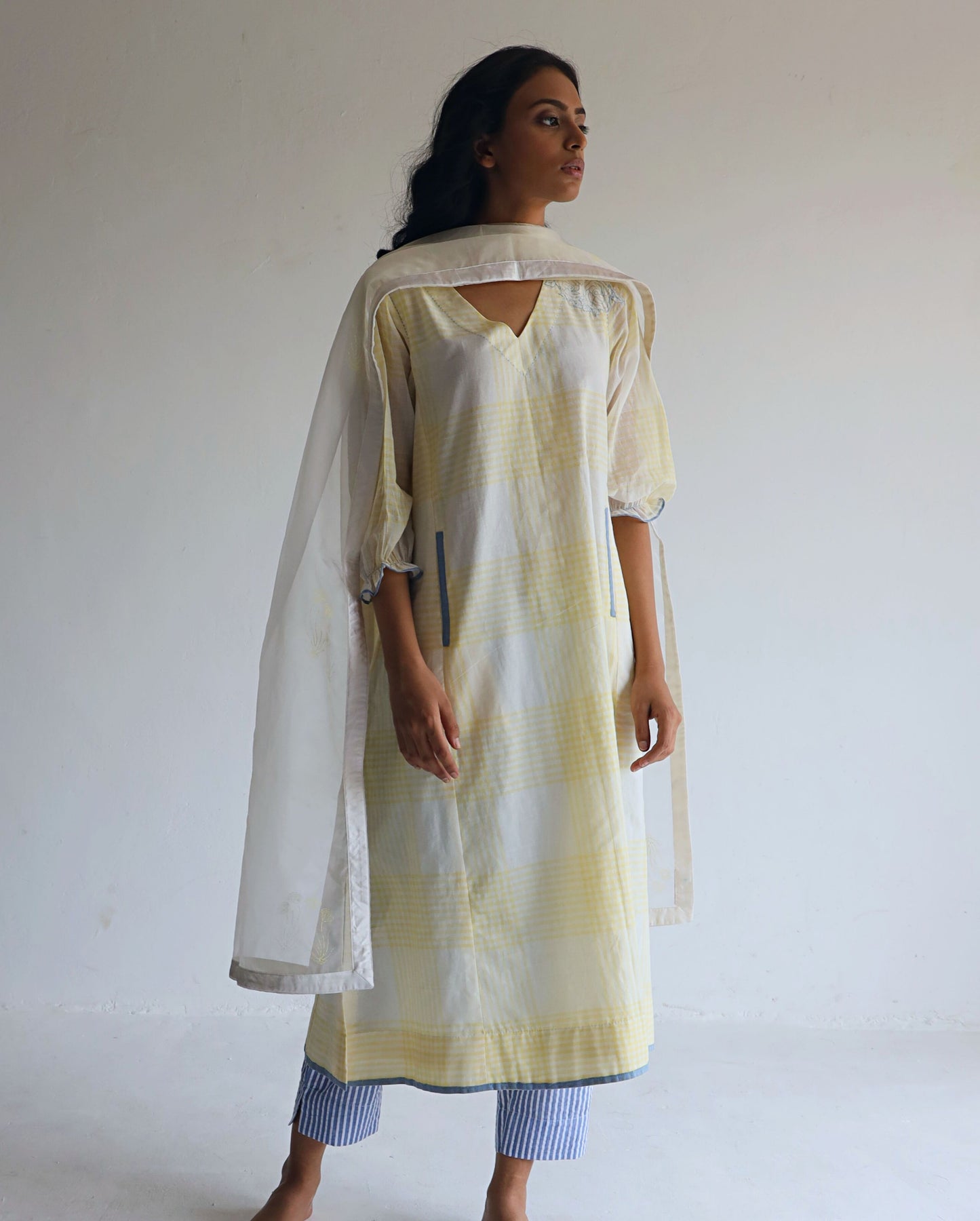 Tannu Kurta in Kesar Yellow Jamdani Grid Checks With Pants