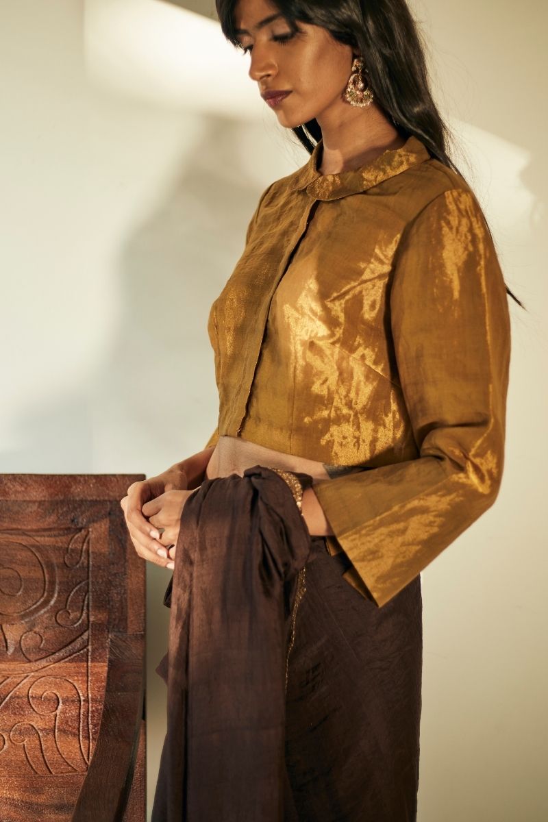 Gayatri Sari In Half Bark Brown Velvet And Half Antique Gold Handloom Tissue