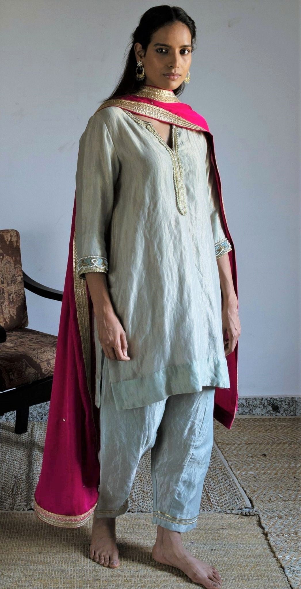 Saifi kurta in Pale Blue Handwoven Chanderi Silk & Tissue stripes with salwar