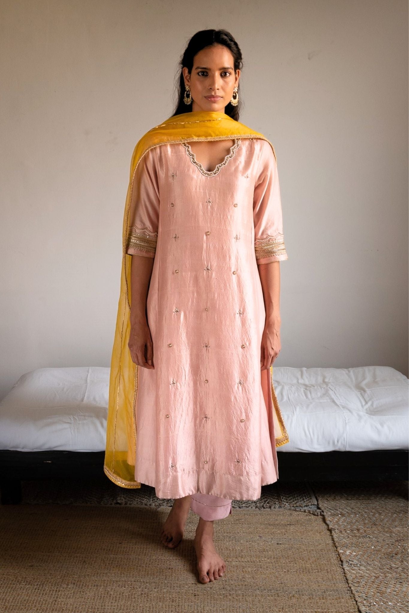 Tannu Kurta in Ash Pink Handloom Mulberry Silk & Chanderi with pants