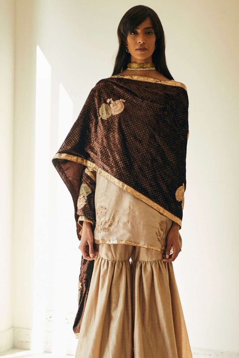Stole In Bark Brown Velvet With Dot Print And Patchwork