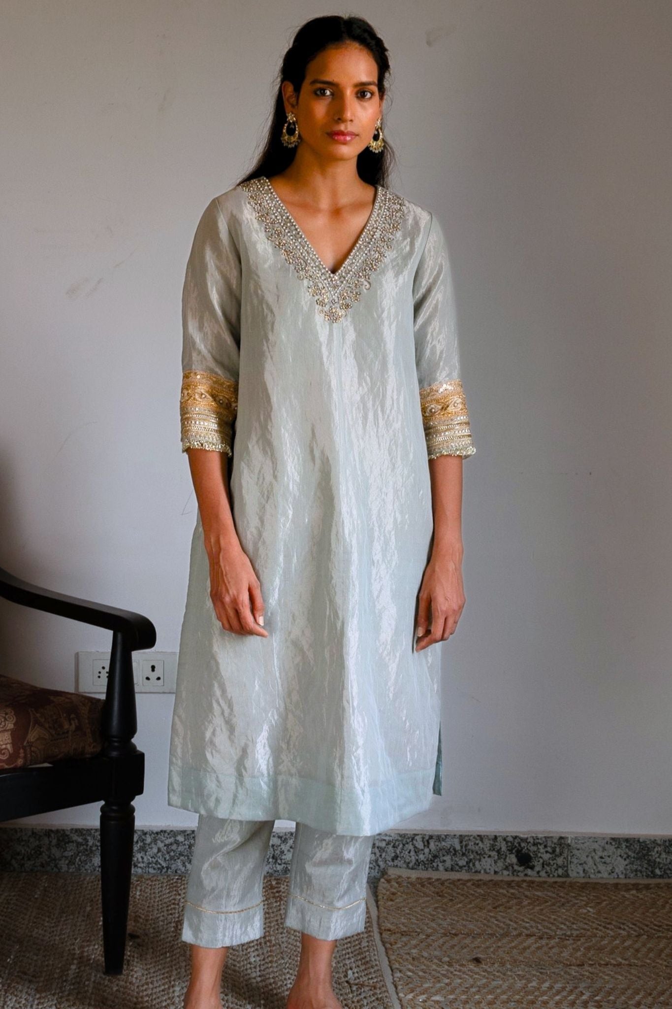 Noor kurta in Pale Blue Handloom Tissue with pants