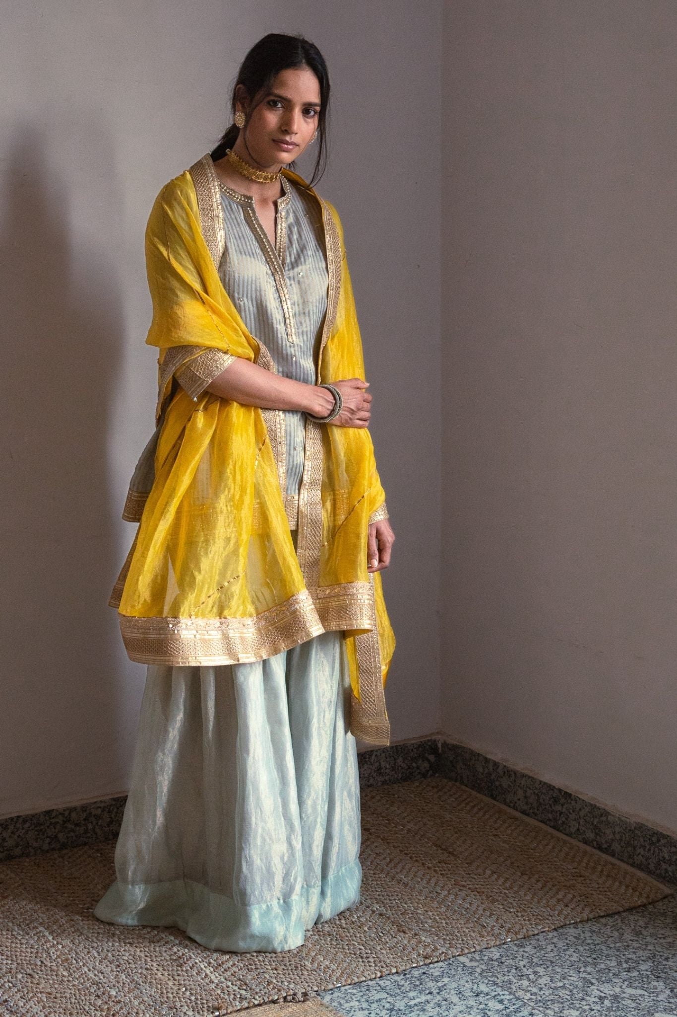 Mini kurta in Pale Blue Handwoven Chanderi Silk Tissue stripes with sharara