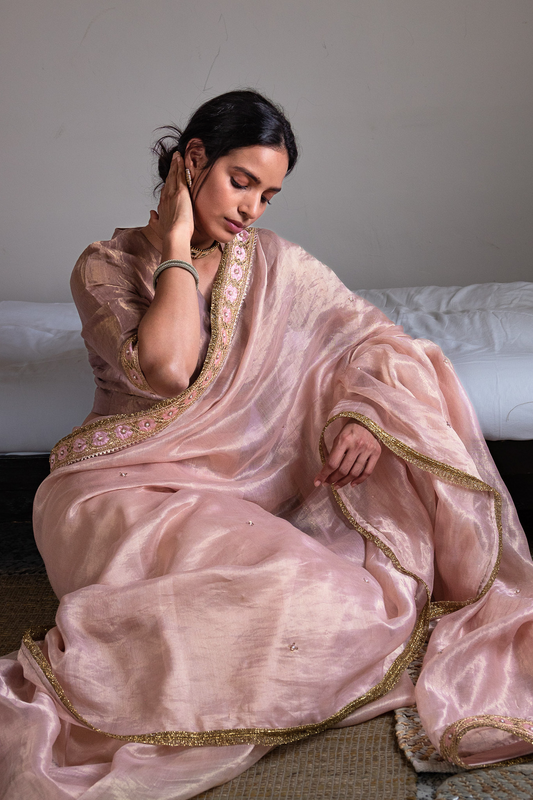 Saree hand embroidered in Ash Pink in Handwoven Chanderi silk  and Tissue pic stripes