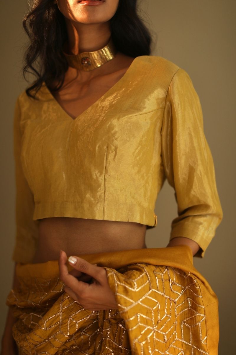 Semi Stitched Nina Blouse In Ochre Handloom Tissue