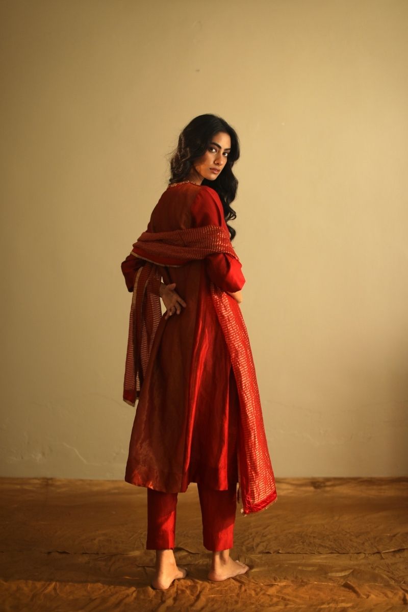 Maxi Kurta In Deep Rust Red Handloom Tissue With Pant