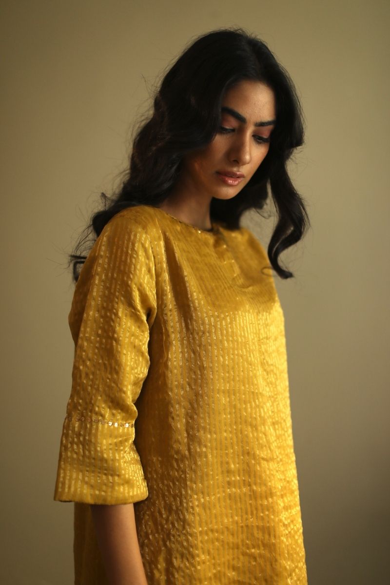 Hk Kurta In Ochre Handloom Chanderi Zari Stripes With Pant