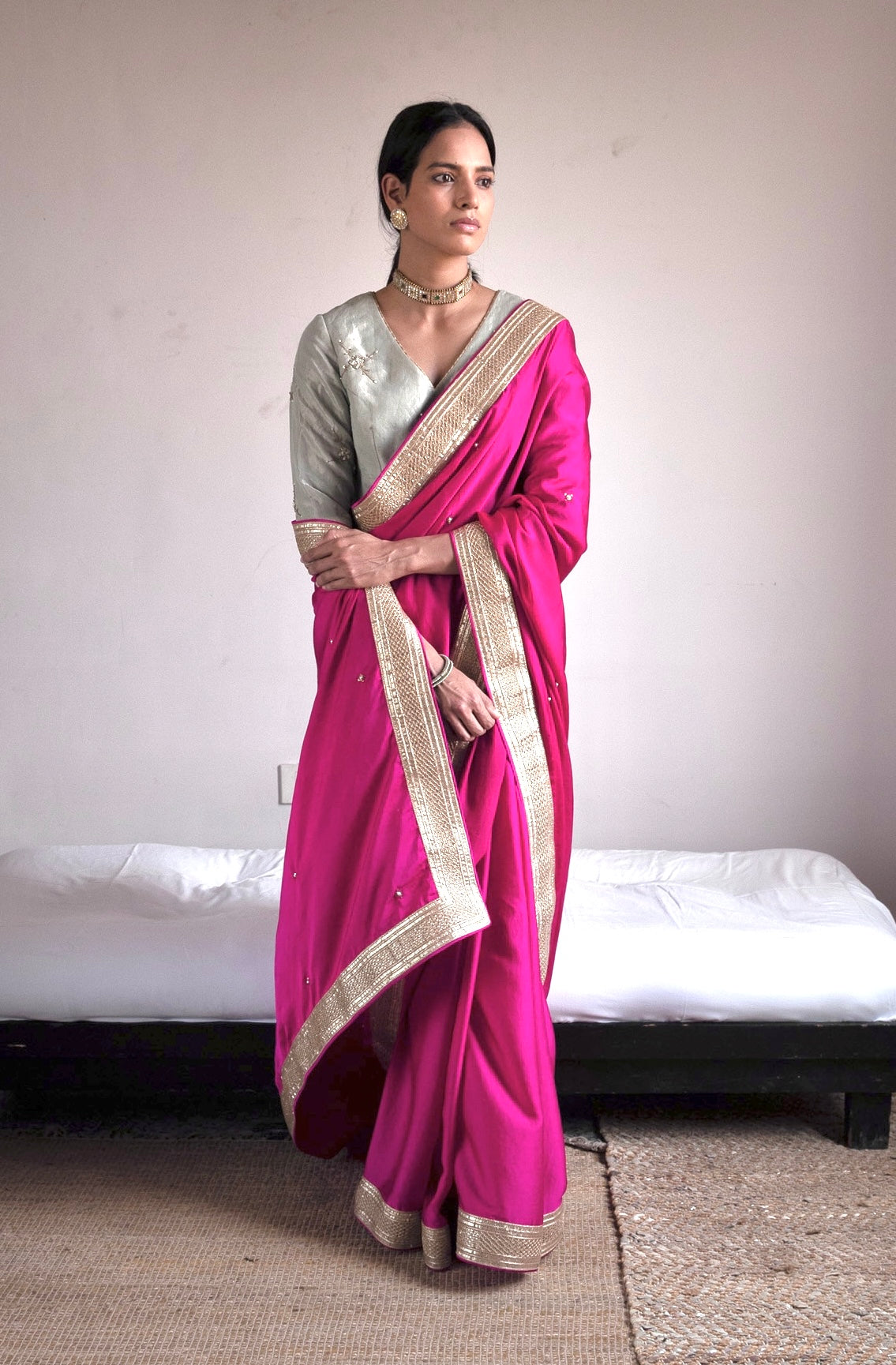 Saree hand embroidered in Hot Pink Silk Satin