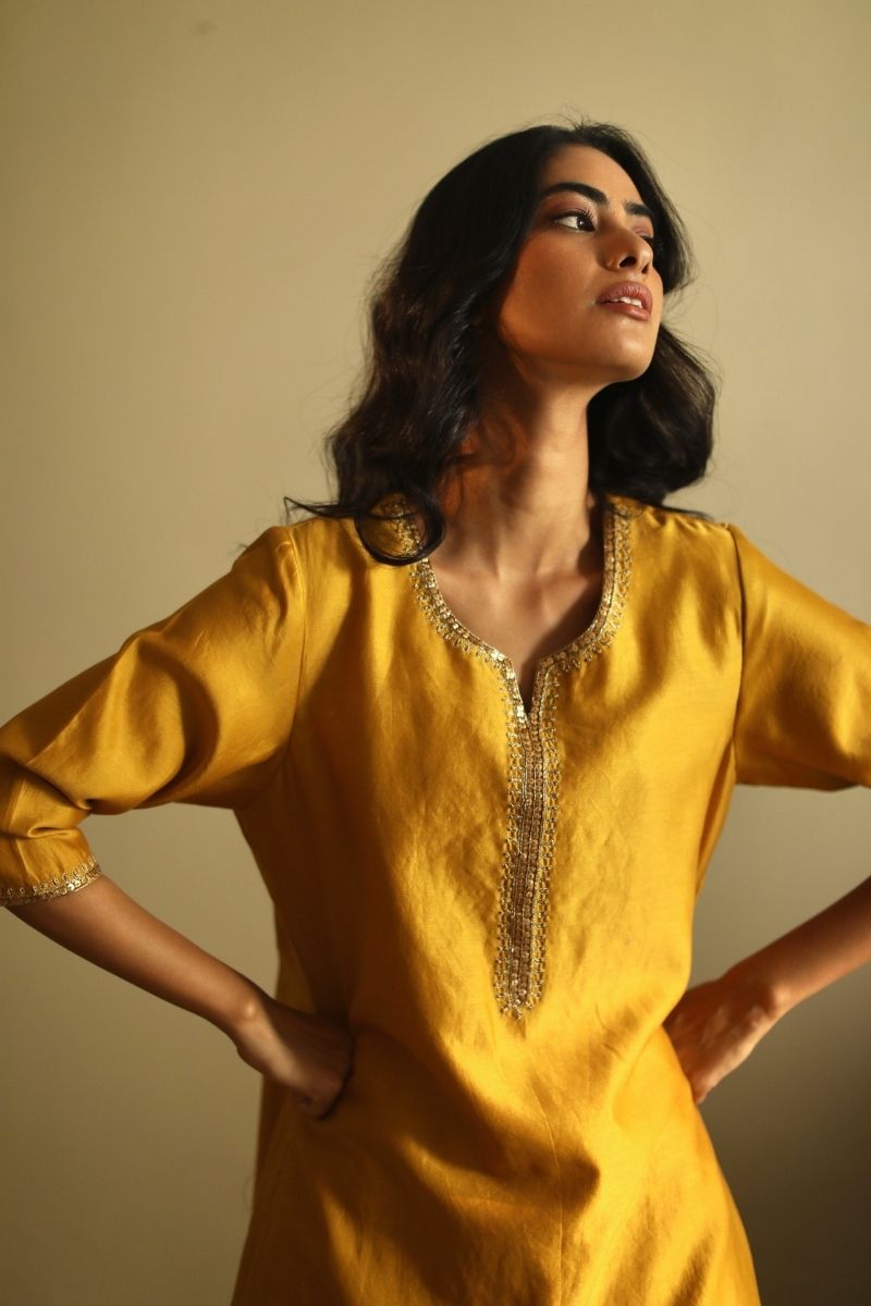 Saifi Kurta In Ochres Chanderi With Pant