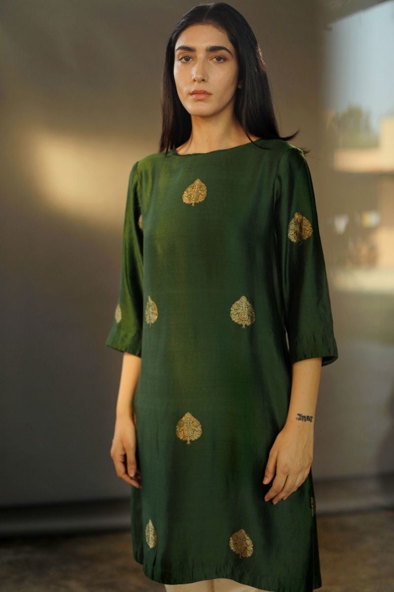 Hk Kurta In Olive Benarasi Silk With Beige Chanderi Pant