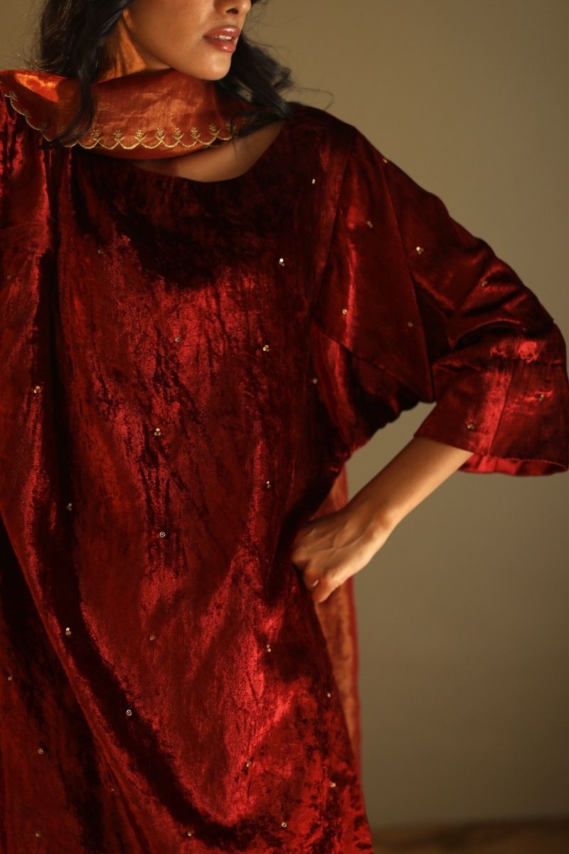 Kimono Sleeves Kurta In Rust Red Velvet With Salwar
