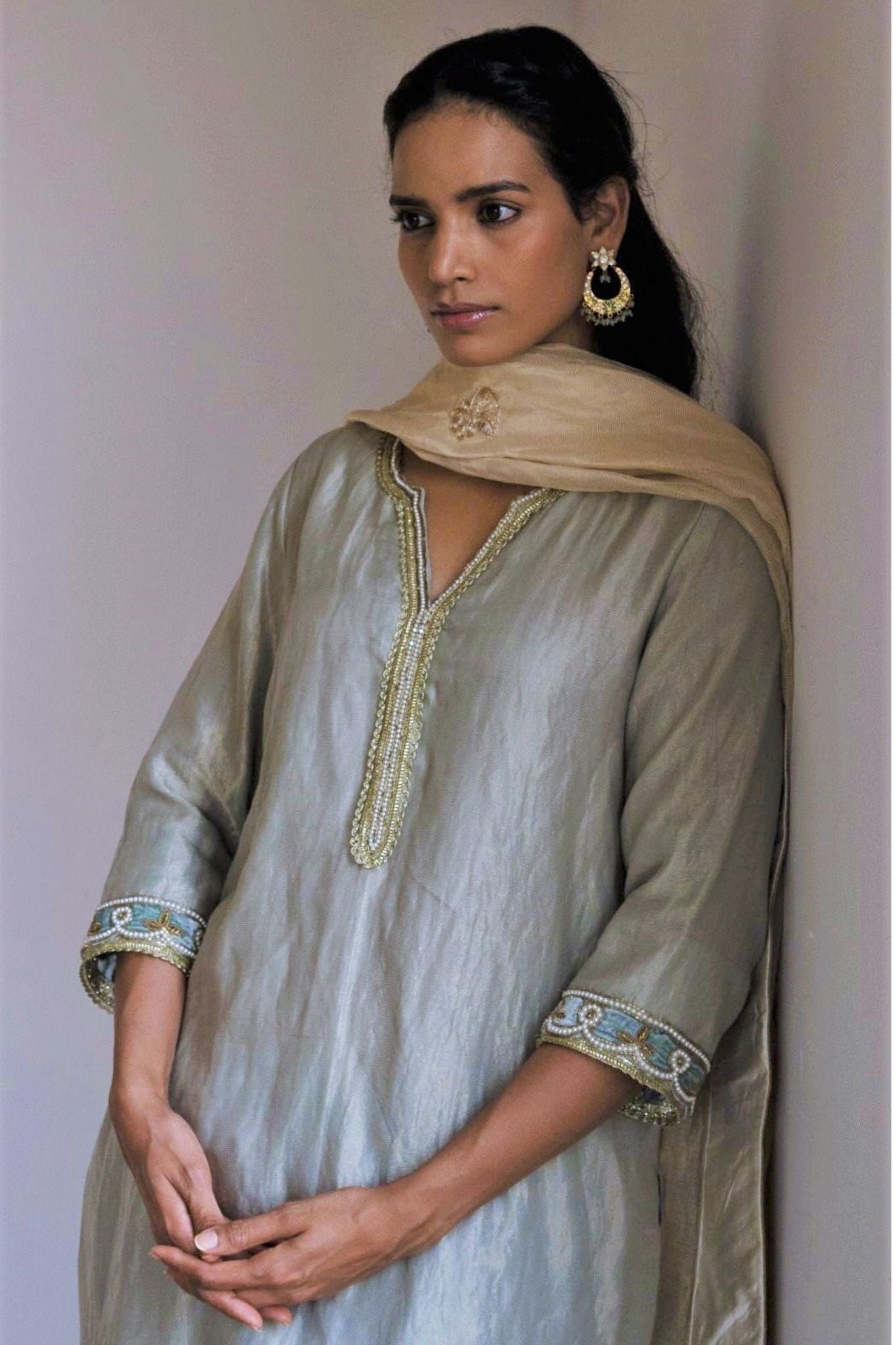 Saifi kurta in Pale Blue Handwoven Chanderi Silk & Tissue stripes with salwar