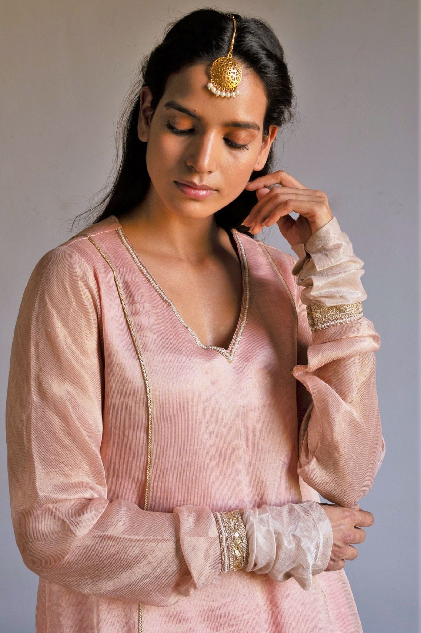 Anu kurta in Ash pink Handwoven Chanderi Silk & Tissue stripes with pants