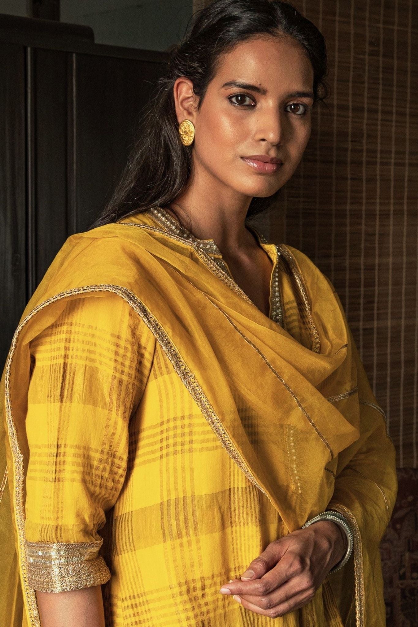 Mini kurta in Yellow Handloom Cotton Zari checks with salwar