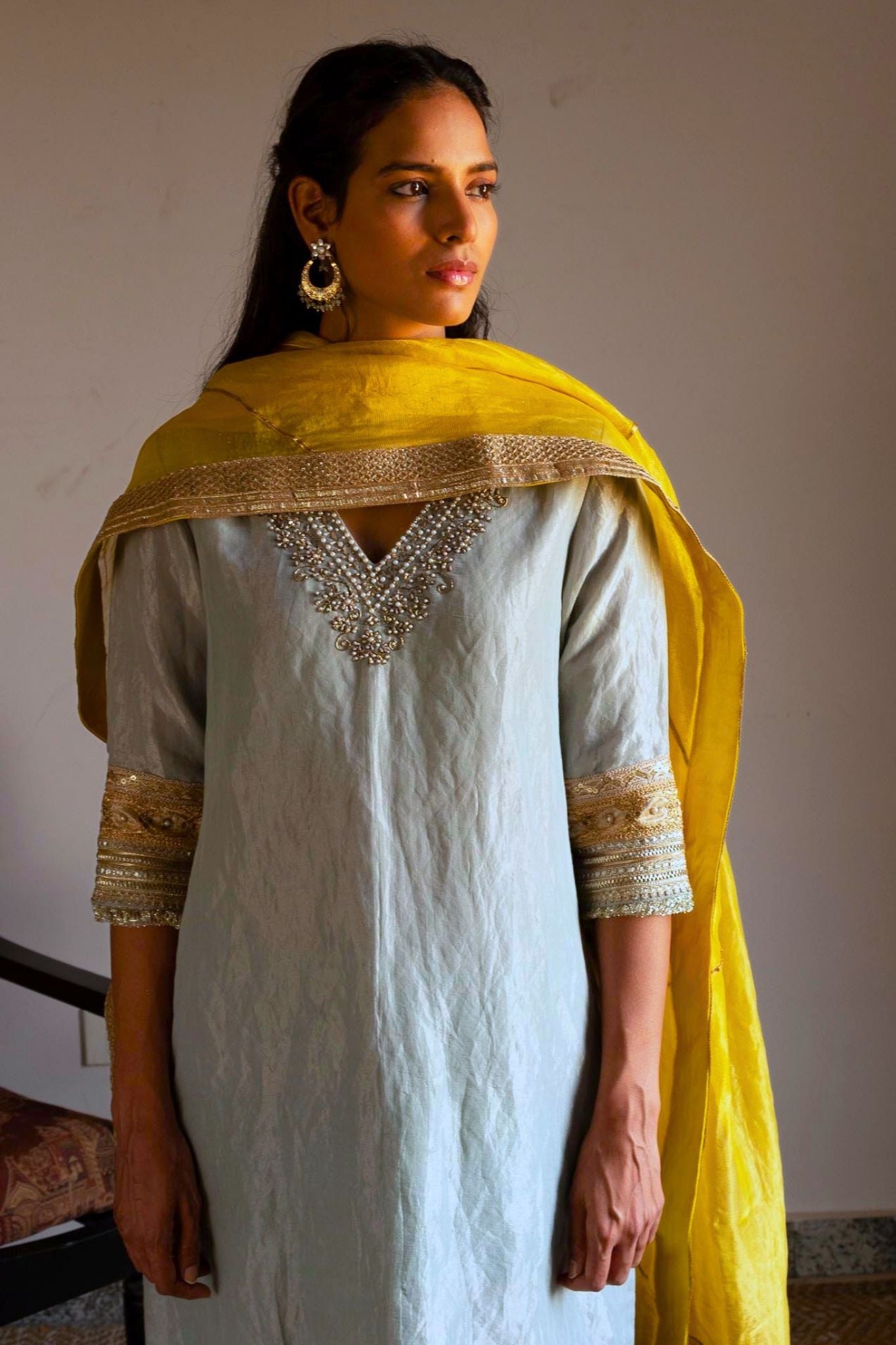 Noor kurta in Pale Blue Handloom Tissue with pants