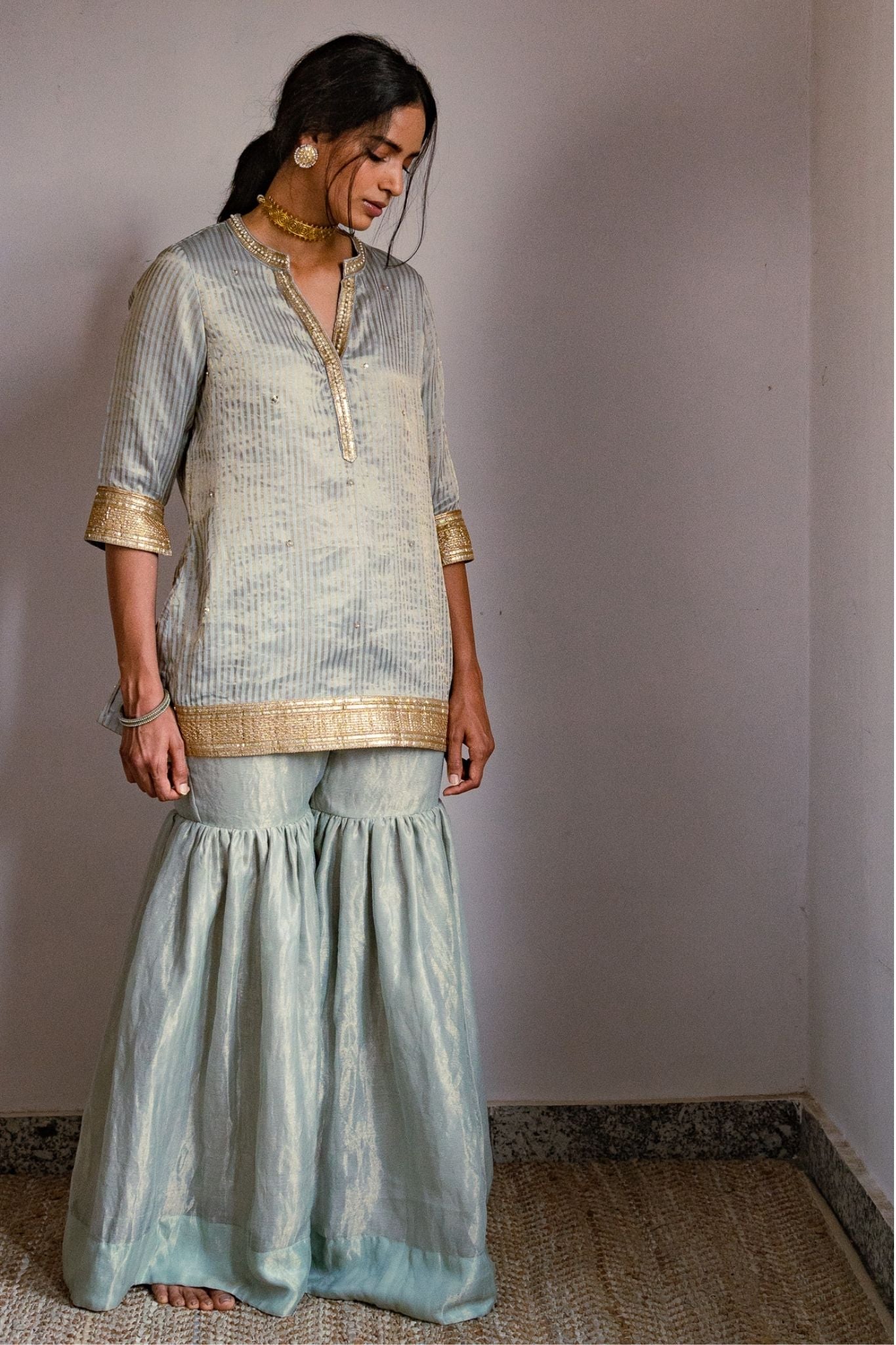 Mini kurta in Pale Blue Handwoven Chanderi Silk Tissue stripes with sharara