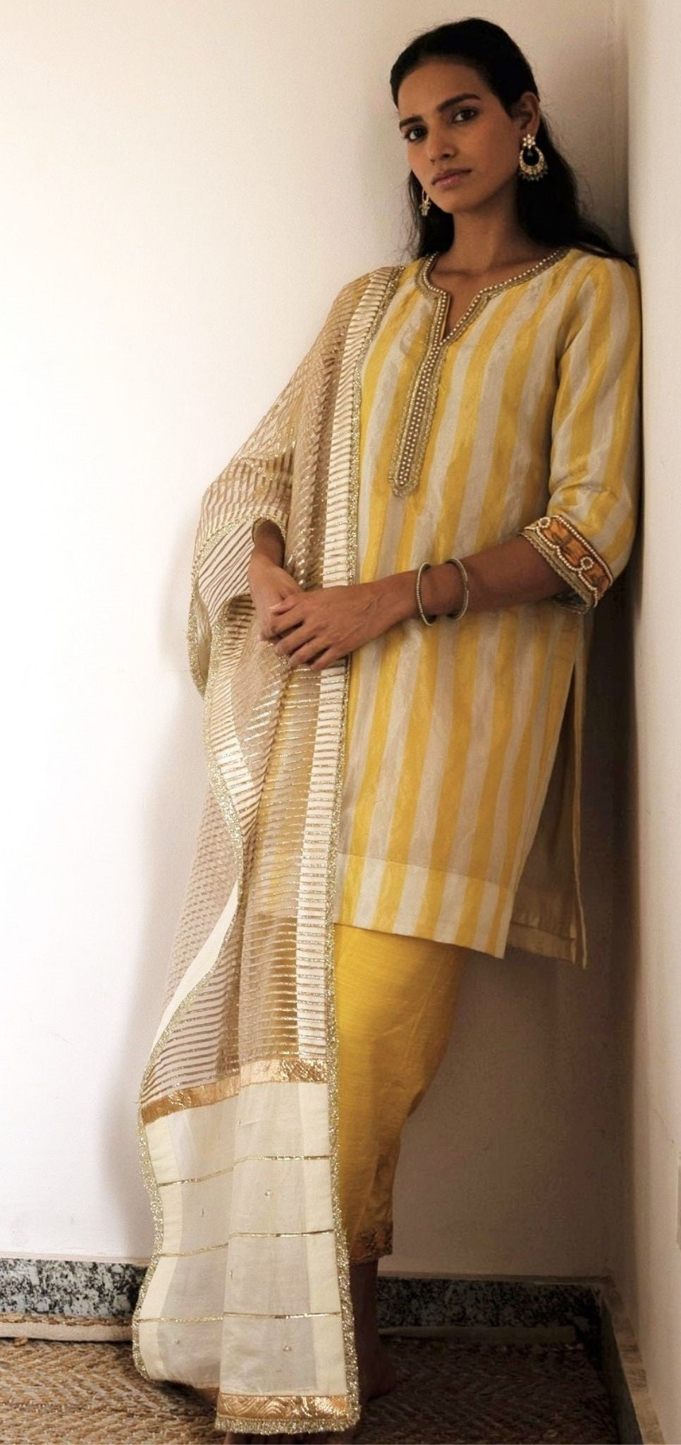 Saifi Kurta in Yellow-White Tissue stripes with salwar