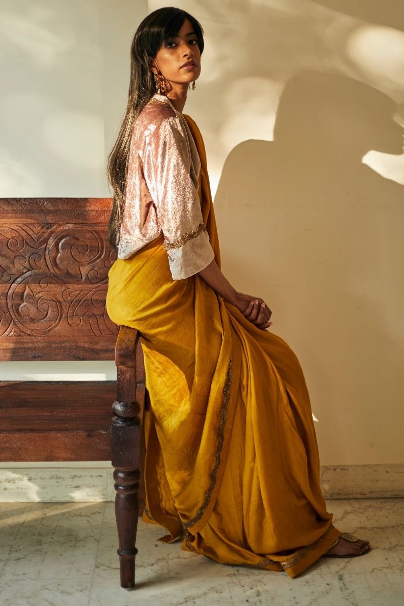 Mini Kurta Blouse In Warm Ecru Velvet