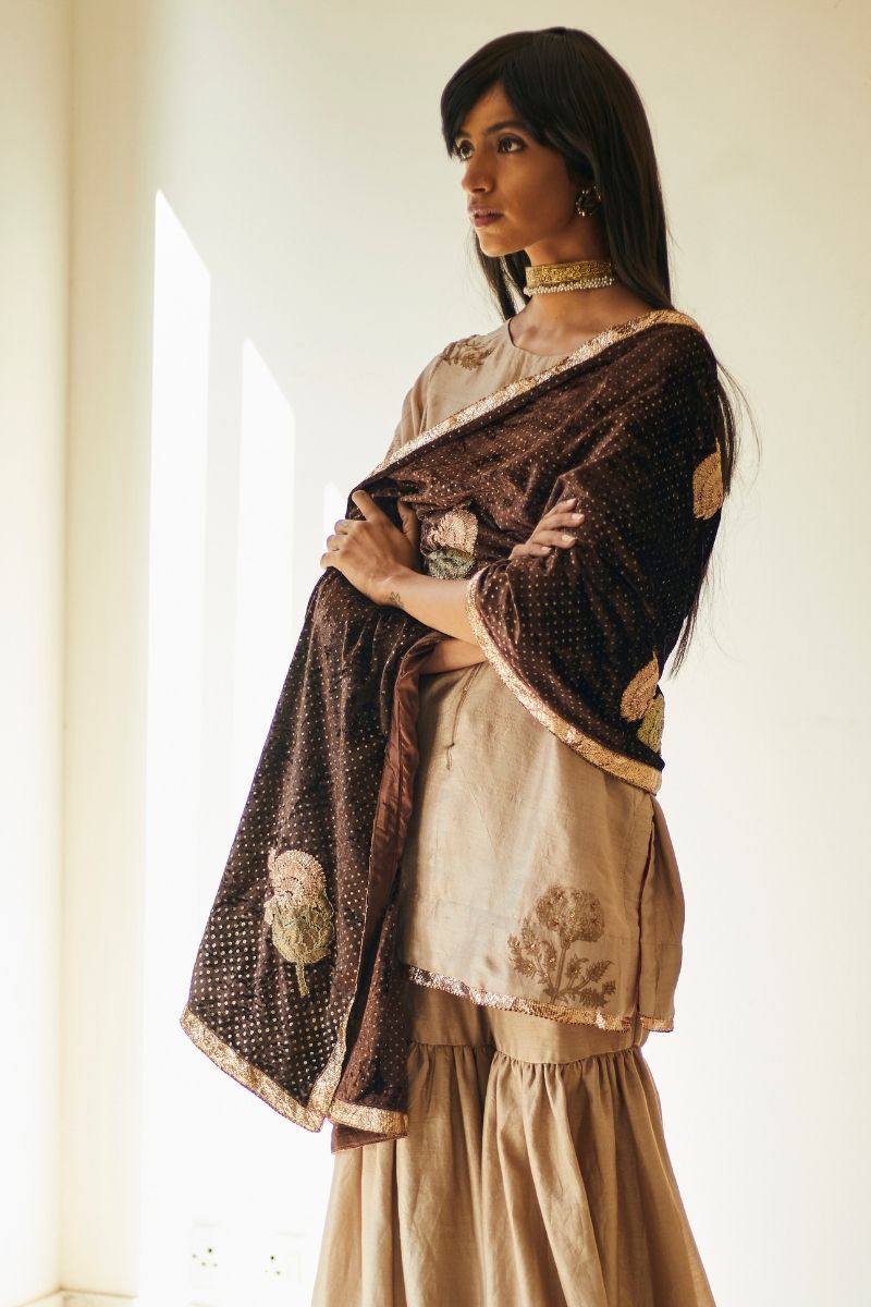 Stole In Bark Brown Velvet With Dot Print And Patchwork