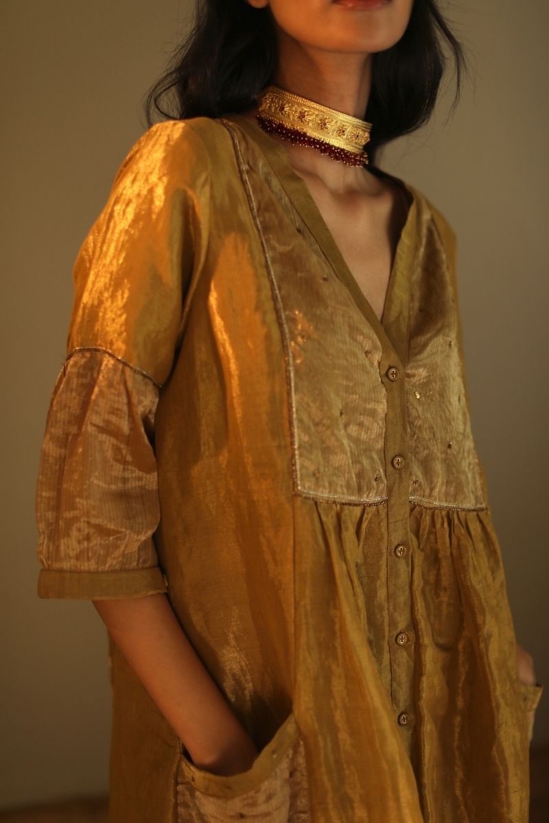 Shama Jacket In Antique Gold Handloom Tissue With Red Chanderi Pant