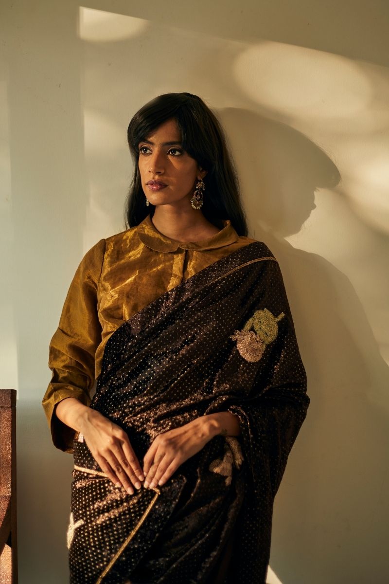 Gayatri Sari In Half Bark Brown Velvet And Half Antique Gold Handloom Tissue