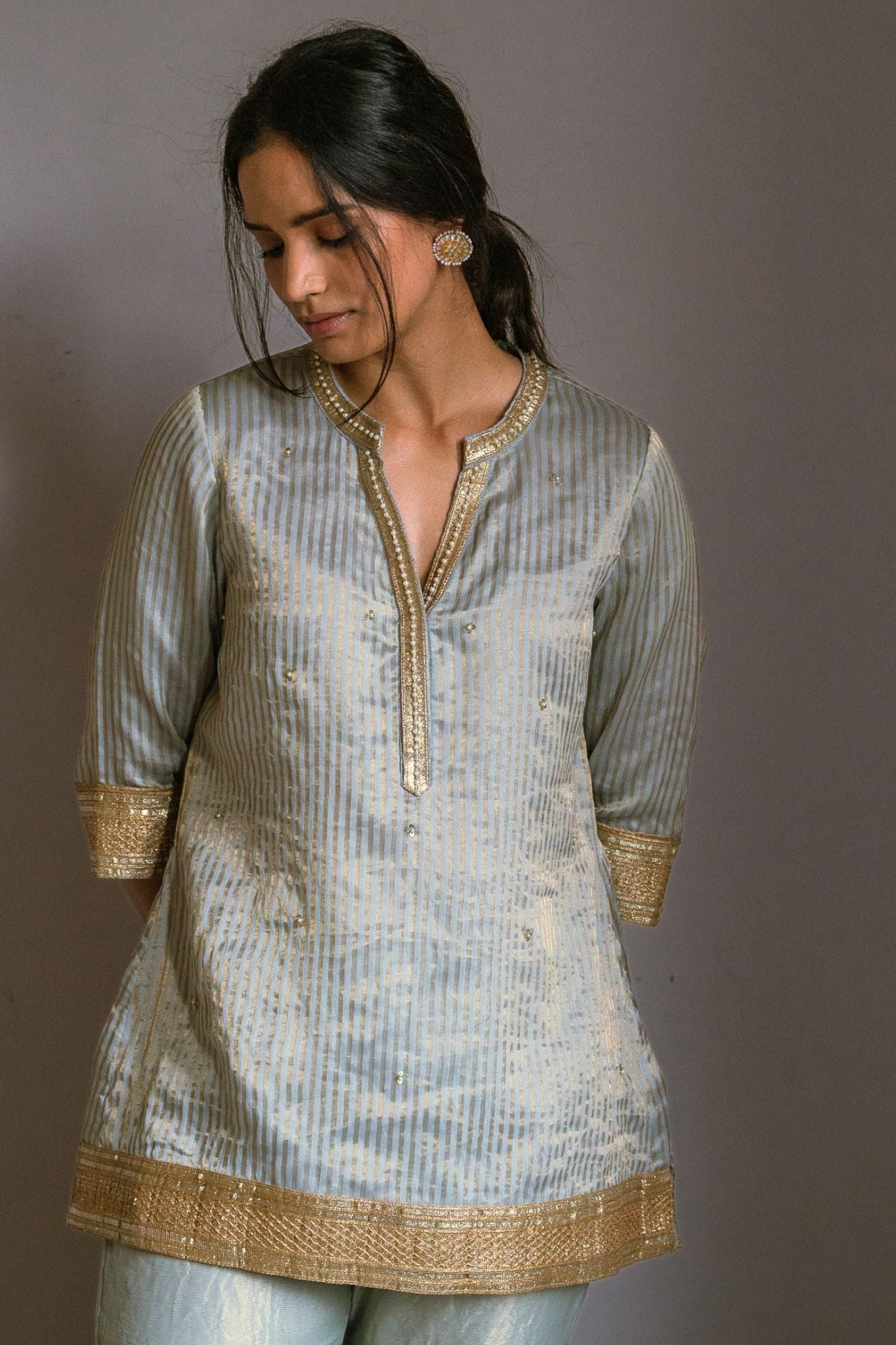 Mini kurta in Pale Blue Handwoven Chanderi Silk Tissue stripes with sharara