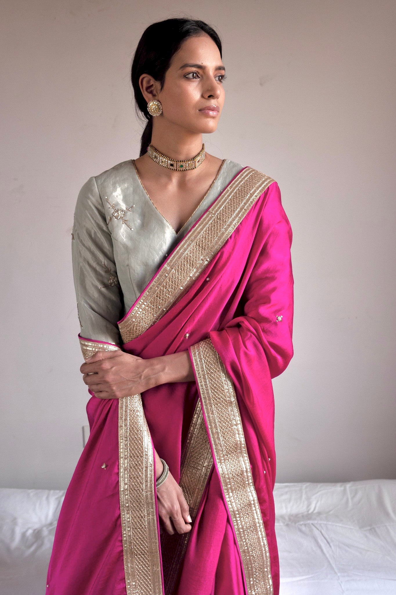 Saree hand embroidered in Hot Pink Silk Satin