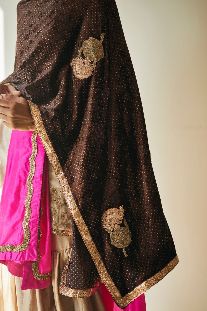 Stole In Bark Brown Velvet With Dot Print And Patchwork