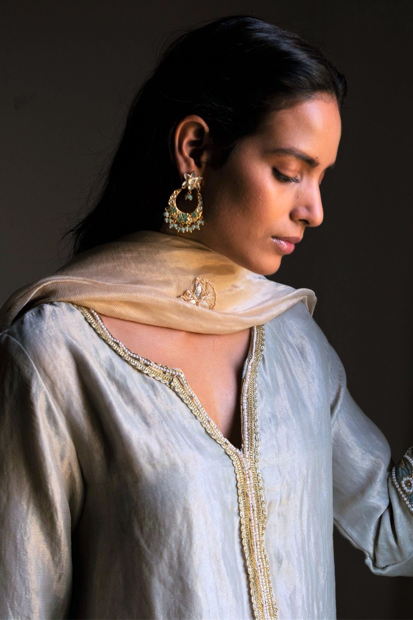 Saifi kurta in Pale Blue Handwoven Chanderi Silk & Tissue stripes with salwar