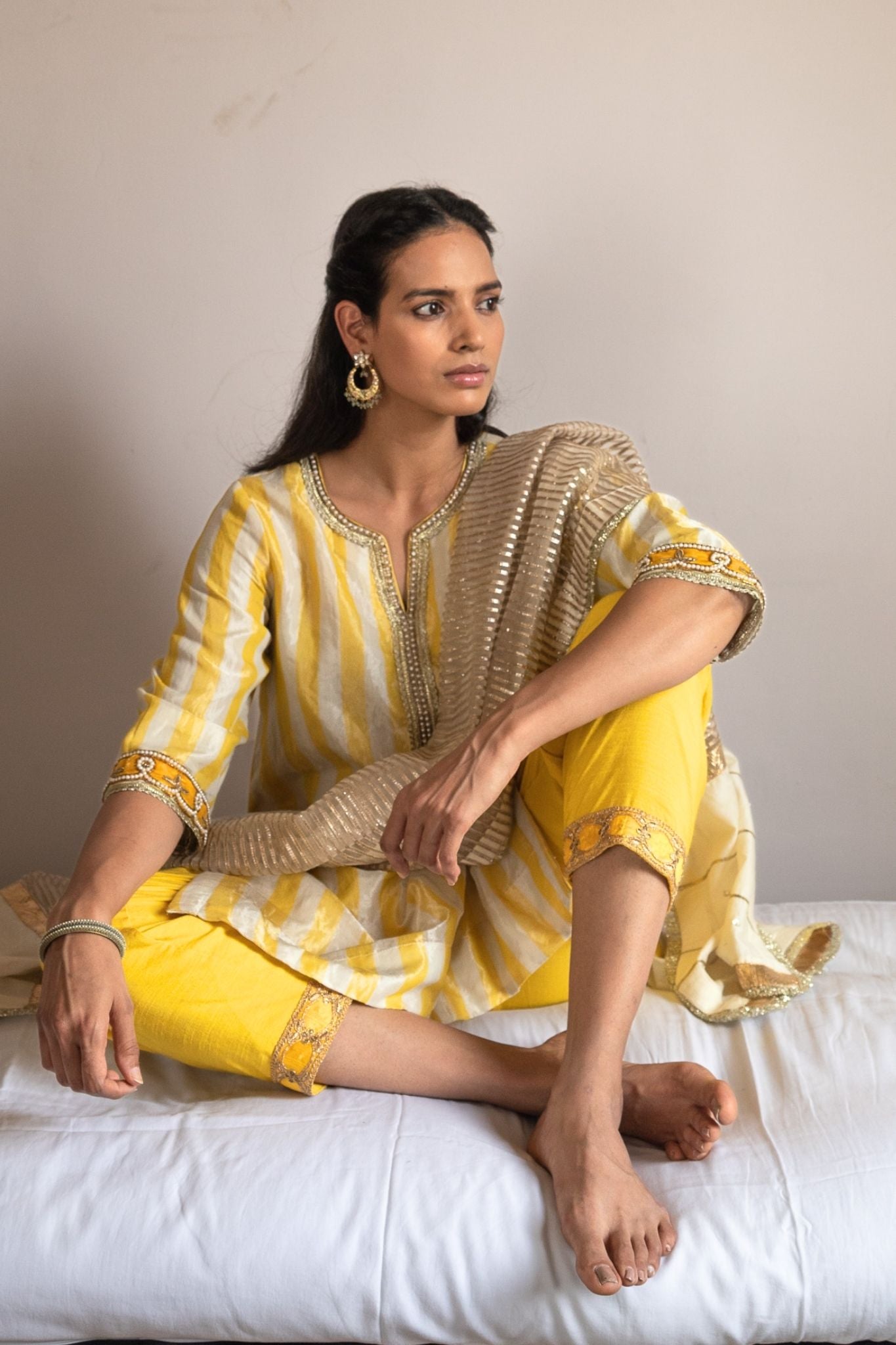 Saifi Kurta in Yellow-White Tissue stripes with salwar