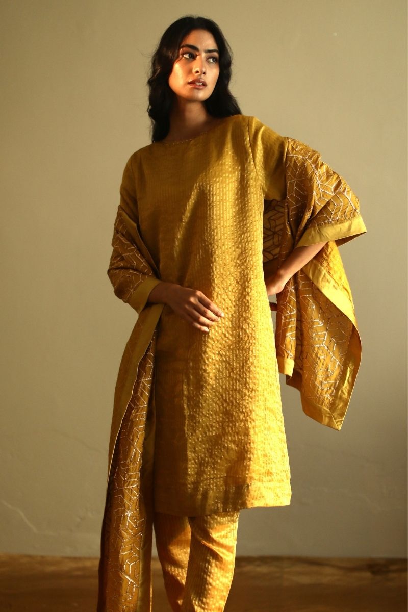 Hk Kurta In Ochre Handloom Chanderi Zari Stripes With Pant