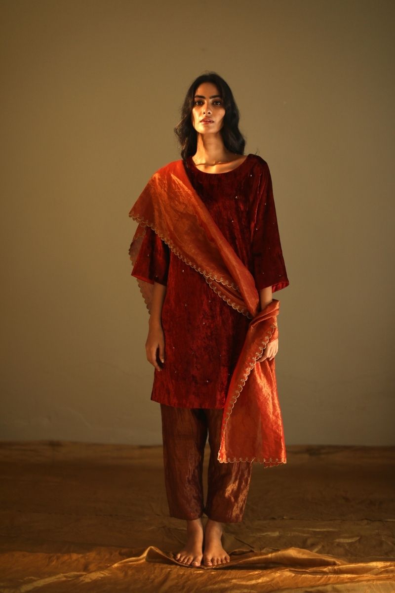 Kimono Sleeves Kurta In Rust Red Velvet With Salwar