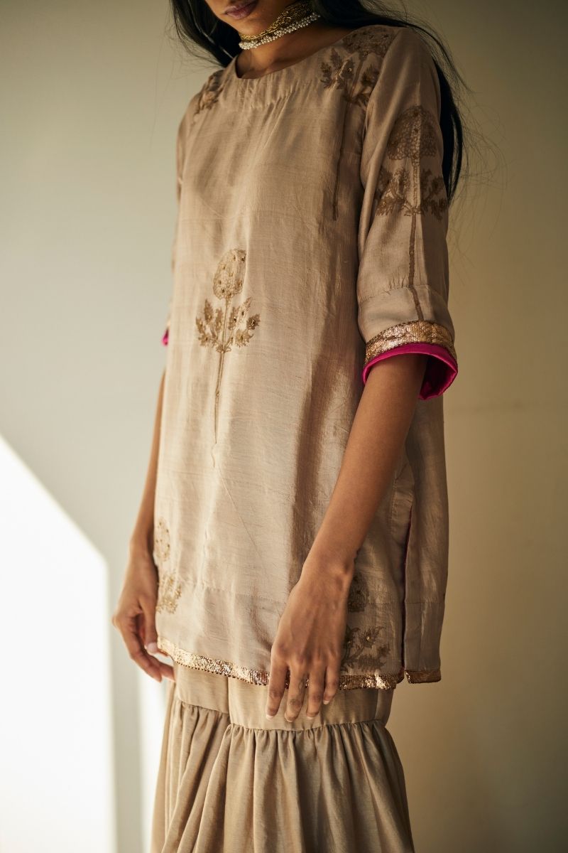 Mini Kurta In Warm Chai Beige Printed Mulberry Silk With Sharara