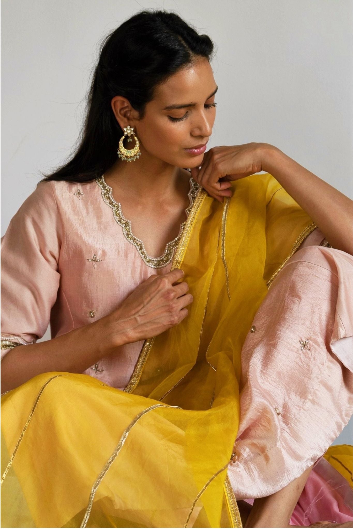 Tannu Kurta in Ash Pink Handloom Mulberry Silk & Chanderi with pants