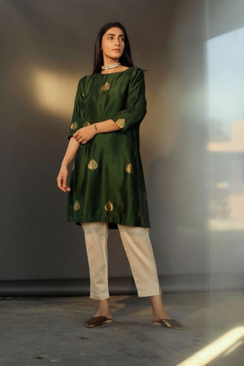Hk Kurta In Olive Benarasi Silk With Beige Chanderi Pant