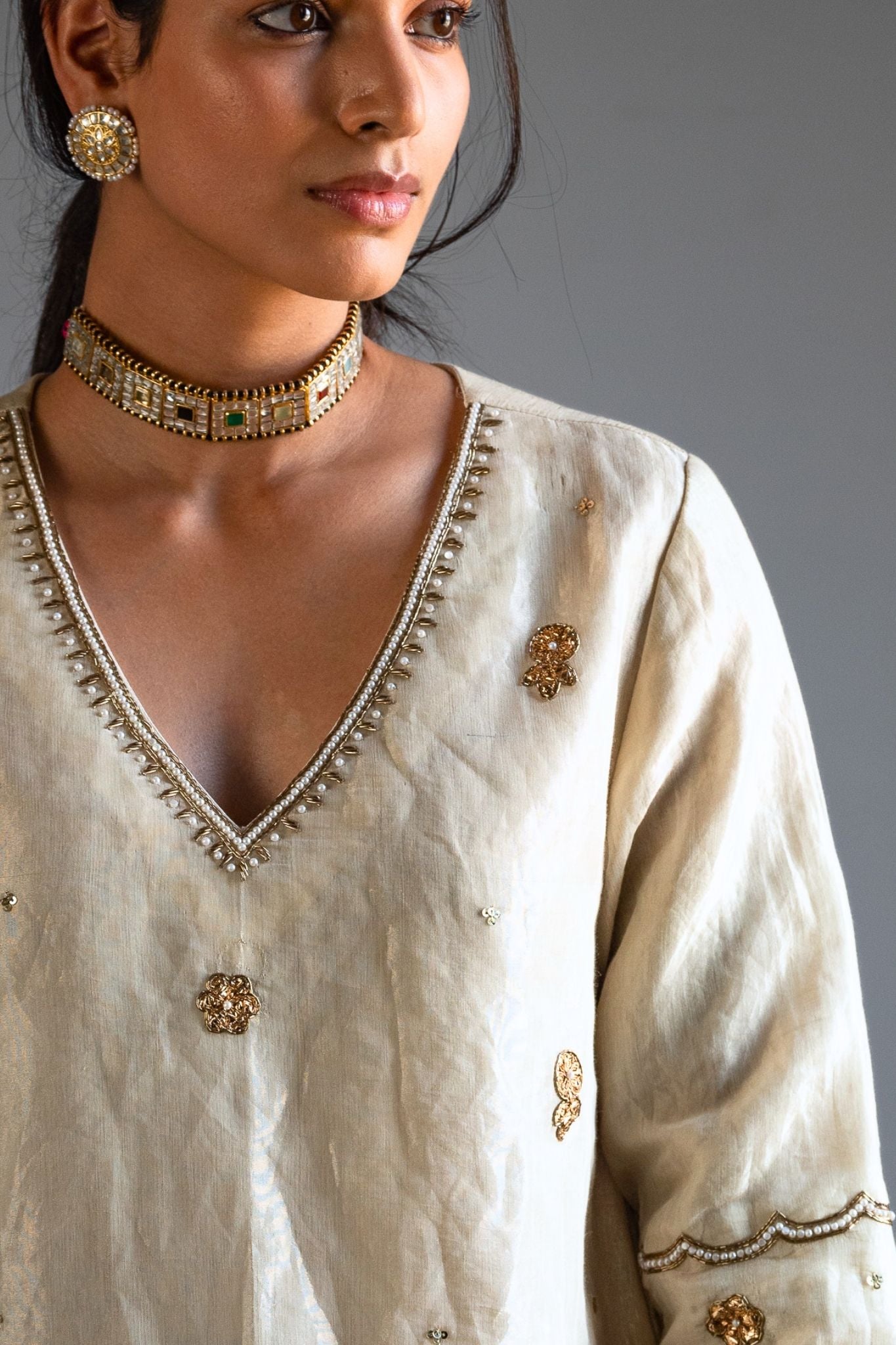 Mini V kurta in Ivory Handloom Tissue with garara