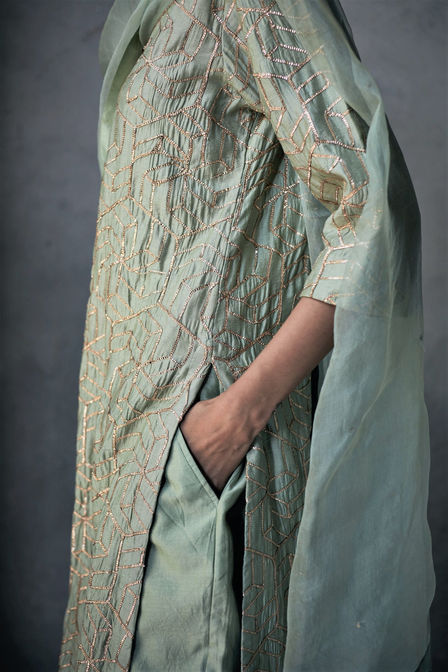 Anu Kurta In Pista Octa Gota Chanderi With Pants