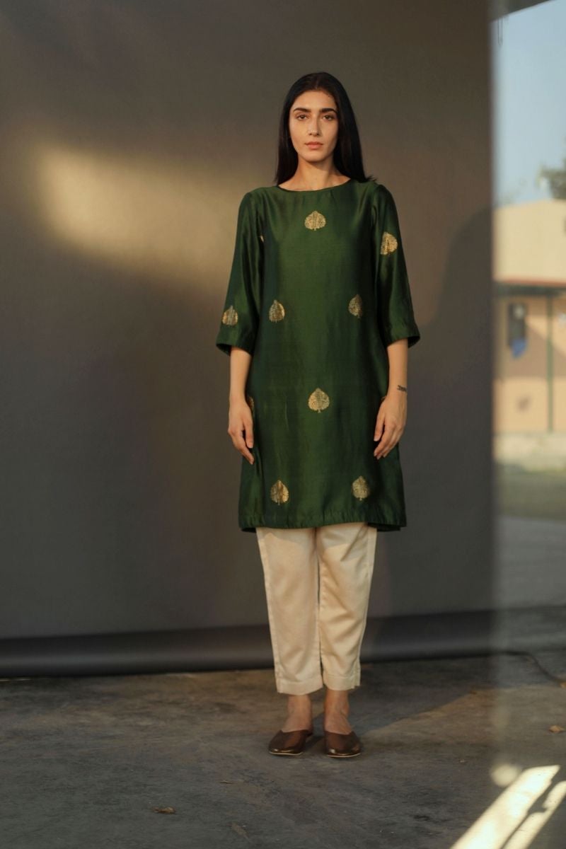 Hk Kurta In Olive Benarasi Silk With Beige Chanderi Pant